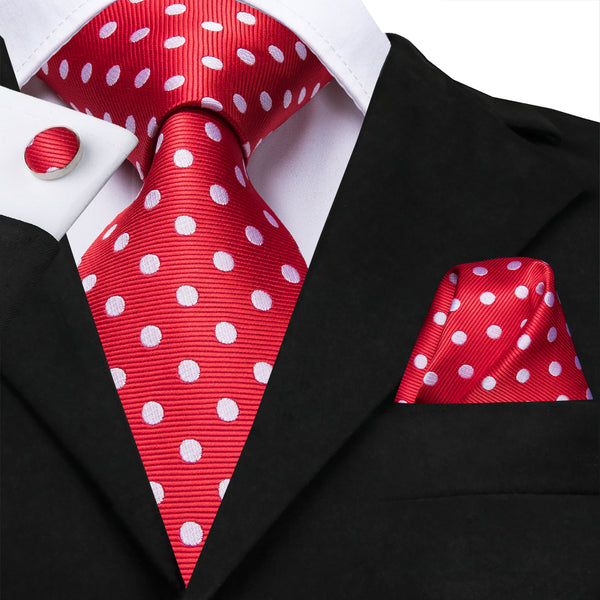 Red White Polka Dot Men's Tie Handkerchief Cufflinks Set