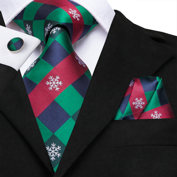 Green Blue Christmas Style Plaid Men's Tie Handkerchief Cufflinks Set