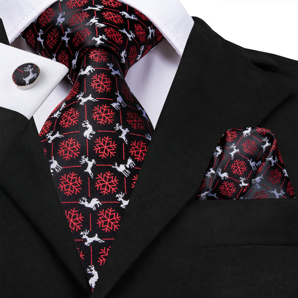 Christmas Black Red Snowflake Elk Christmas Style Novelty Men's Tie Handkerchief Cufflinks Set