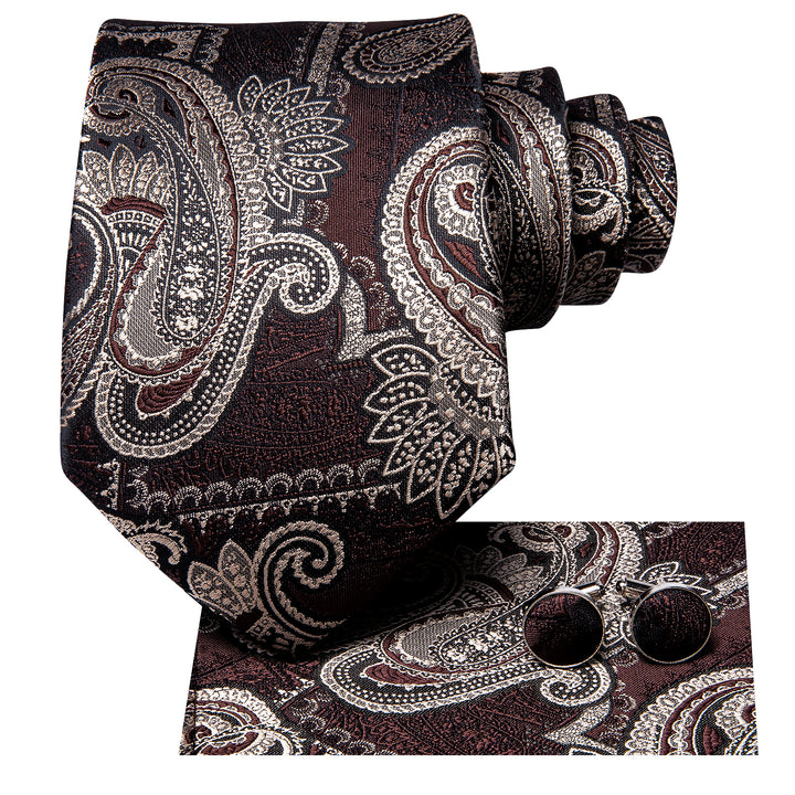 Red-brown Paisley Necktie Pocket Square Cufflinks Set