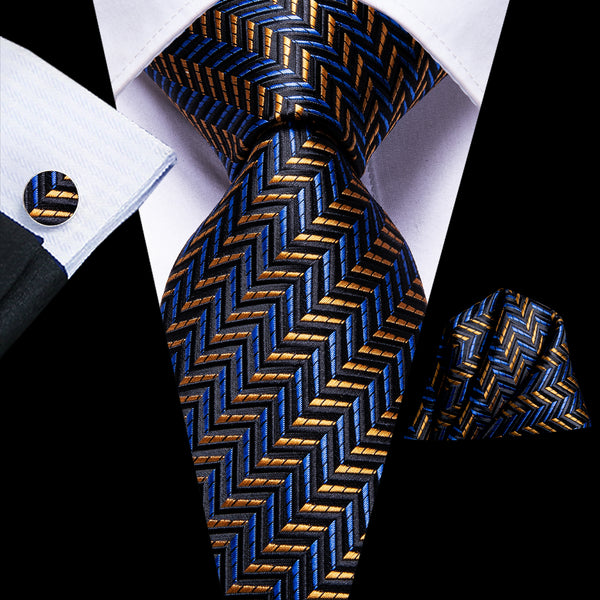 Black Blue Golden Striped Necktie Pocket Square Cufflinks Set