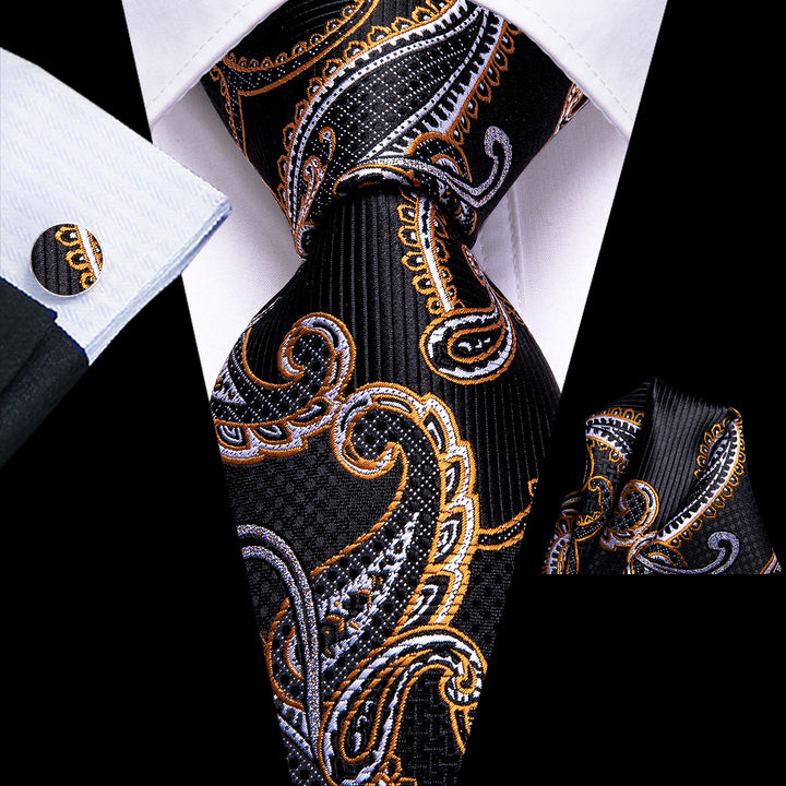 Black Golden Paisley mens silk tie hanky cufflinks set