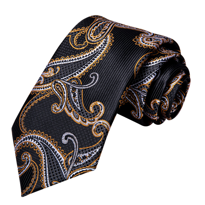 Black Golden Paisley mens silk tie hanky cufflinks set