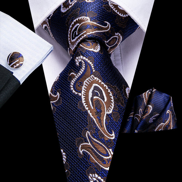 Blue Brown Paisley Necktie Pocket Square Cufflinks Set