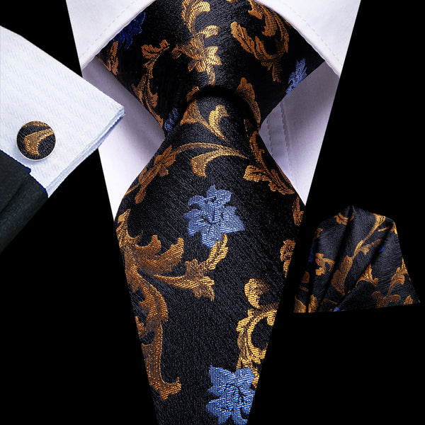 Black Golden Floral Necktie Pocket Square Cufflinks Set