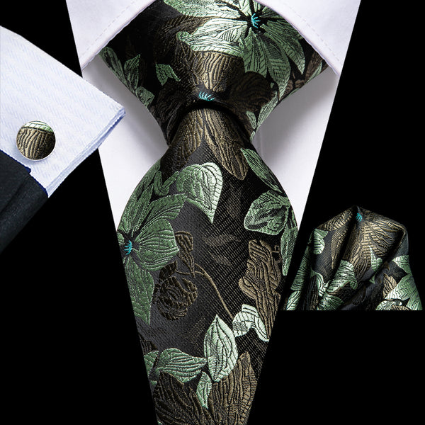 Black Green Floral Necktie Pocket Square Cufflinks Set