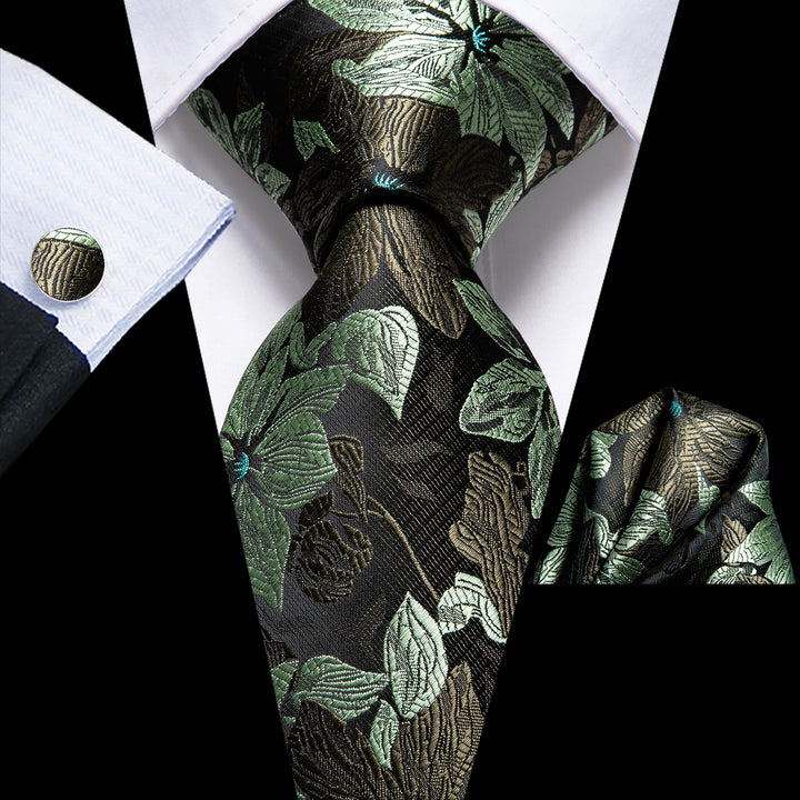 mens silk floral Black dark green tie