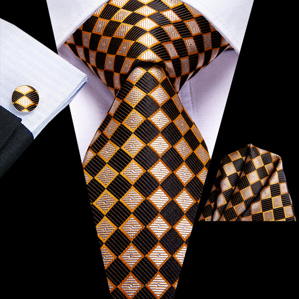Golden Brown Plaid Necktie Pocket Square Cufflinks Set