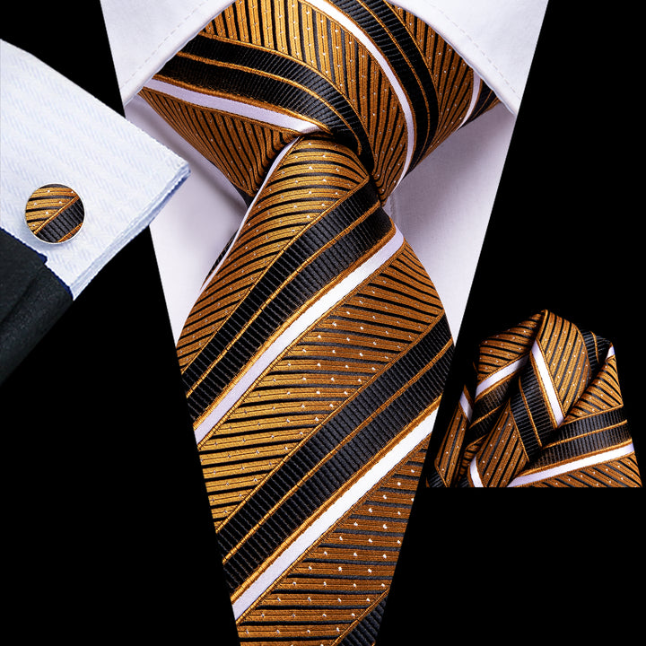 mens silk Gold Black White Striped tie handkerchief cufflinks set