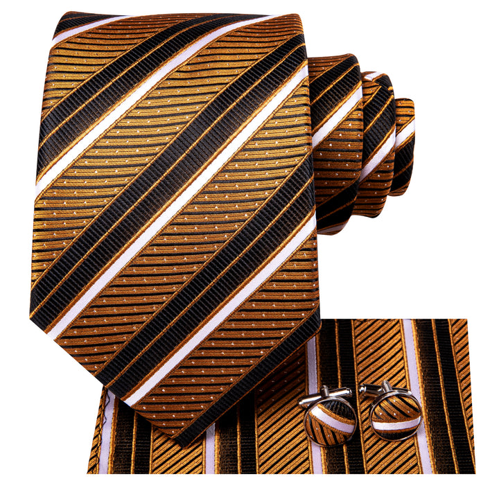 mens silk Gold Black White Striped tie handkerchief cufflinks set