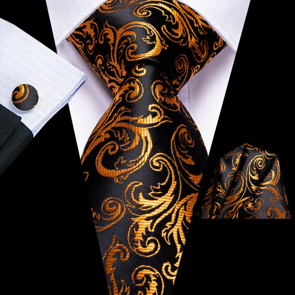 Black Golden Paisley Necktie Pocket Square Cufflinks Set