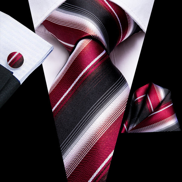 Black Red Striped Necktie Pocket Square Cufflinks Set