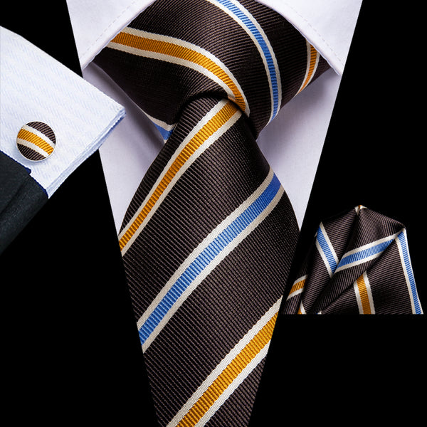 Brown Yellow Blue Striped Necktie Pocket Square Cufflinks Set