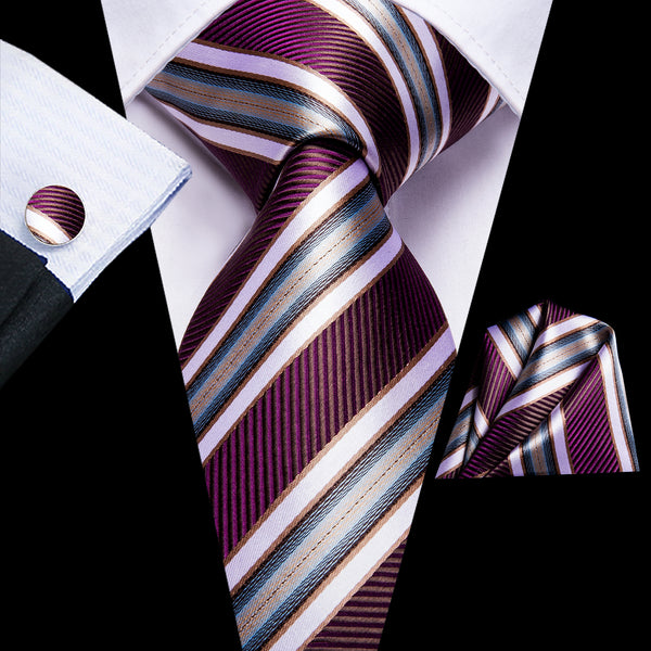 Burgundy White Striped Necktie Pocket Square Cufflinks Set