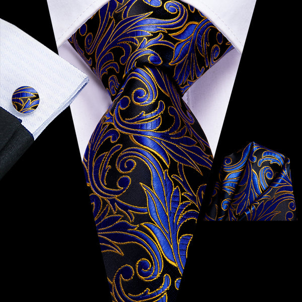 Black Floral Necktie Pocket Square Cufflinks Set