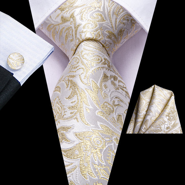 White Yellow Floral Necktie Pocket Square Cufflinks Set