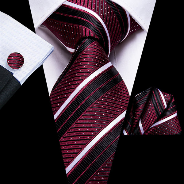 Black Red White Striped Necktie Pocket Square Cufflinks Set