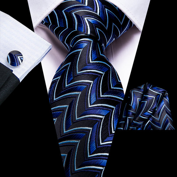 Blue Striped Novelty Necktie Pocket Square Cufflinks Set