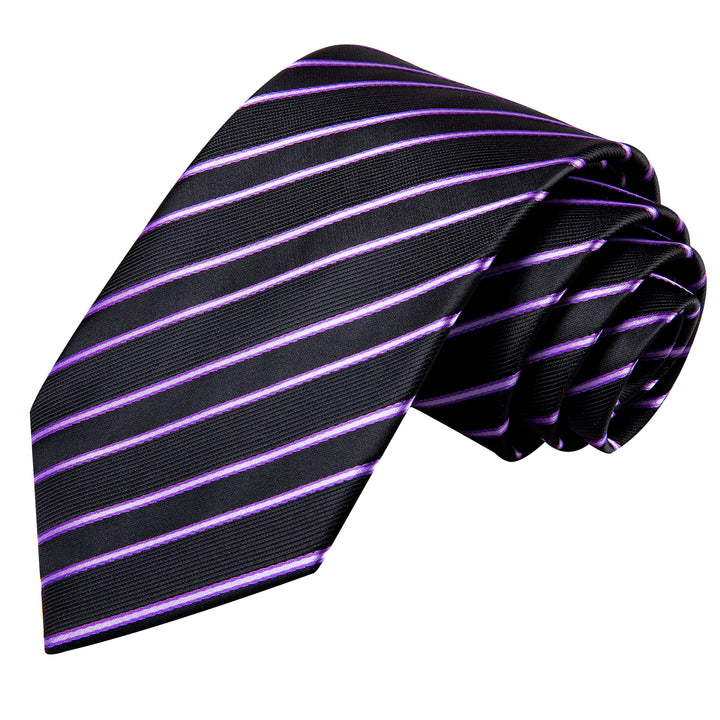 black tie with purple striped silk mens tie hanky cufflinks set