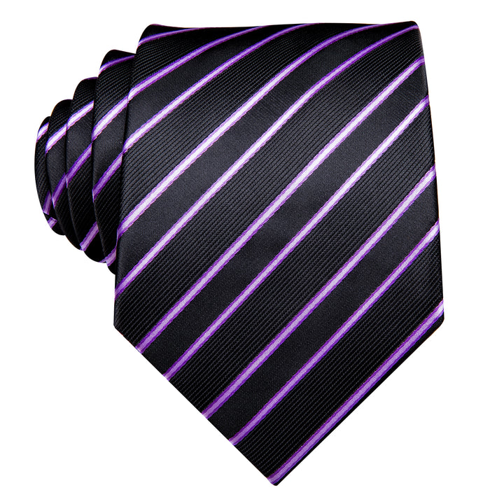 black tie with purple striped silk mens tie hanky cufflinks set