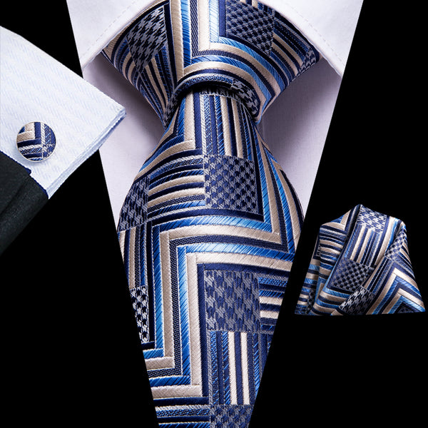 Khaki Blue Plaid Necktie Pocket Square Cufflinks Set