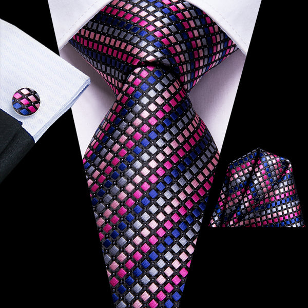 Pink Blue Striped Necktie Pocket Square Cufflinks Set