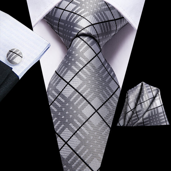 Gray Black Plaid Necktie Pocket Square Cufflinks Set