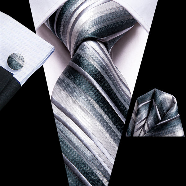 Gray Green Striped Necktie Pocket Square Cufflinks Set