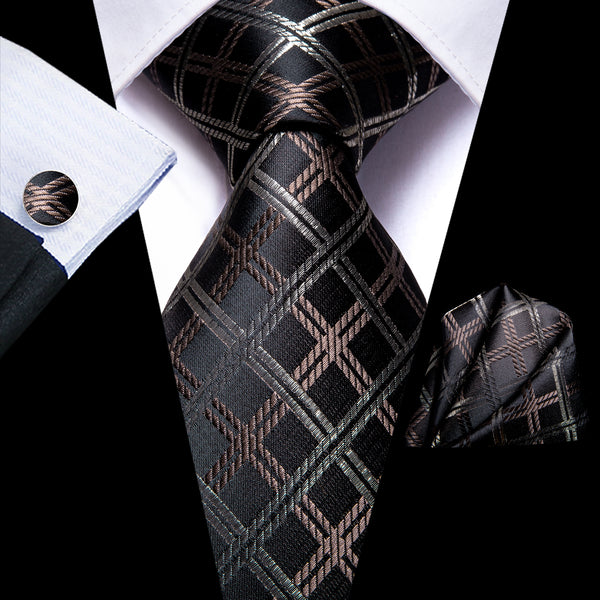 Black Brown Plaid Necktie Pocket Square Cufflinks Set