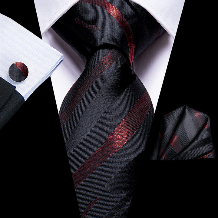 Burgundy Tie Black Striped Men's Silk Tie Pocket Square Cufflinks Set