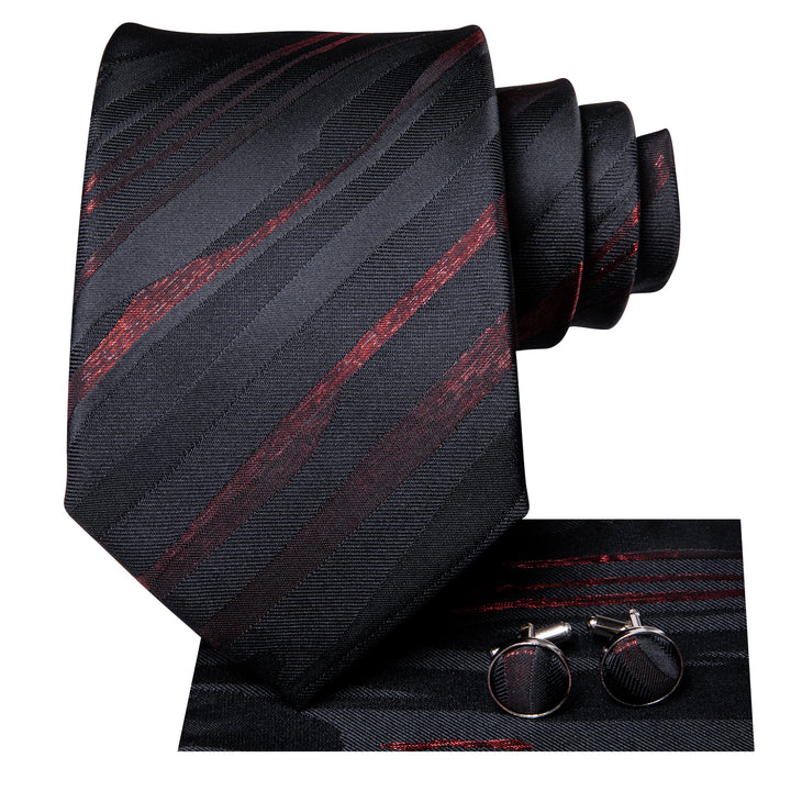 Black Burgundy Striped Necktie Pocket Square Cufflinks Set