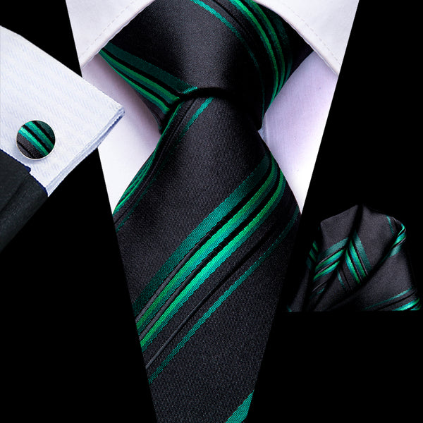 Black Green Striped Necktie Pocket Square Cufflinks Set
