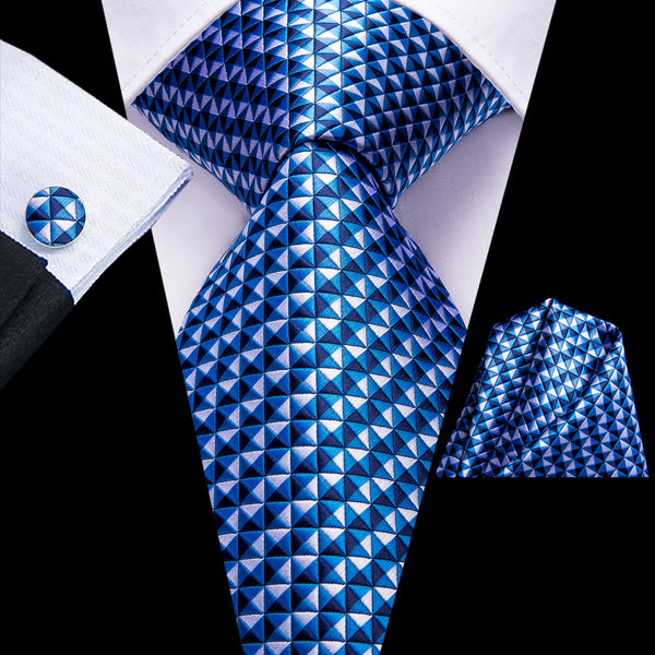 White Blue Plaid Necktie Pocket Square Cufflinks Set