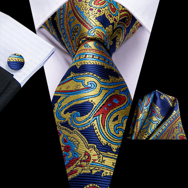 Blue Golden Paisley Necktie Pocket Square Cufflinks Set