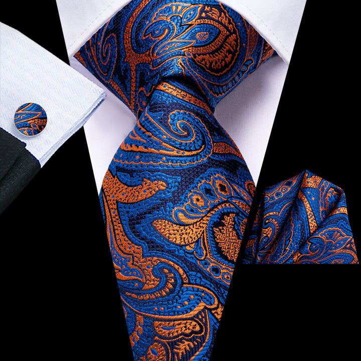 Blue Orange Paisley Necktie Pocket Square Cufflinks Set for dress shirts