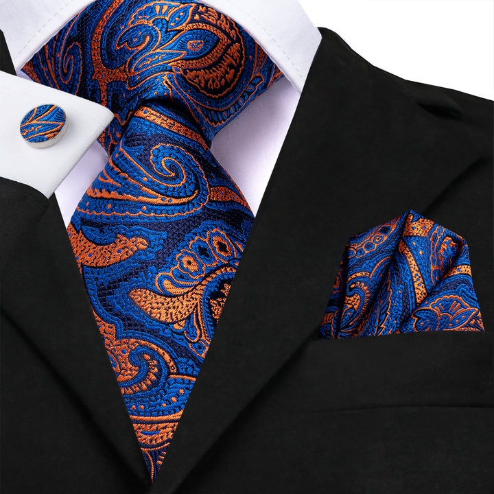 Blue Orange Paisley mens silk neck tie