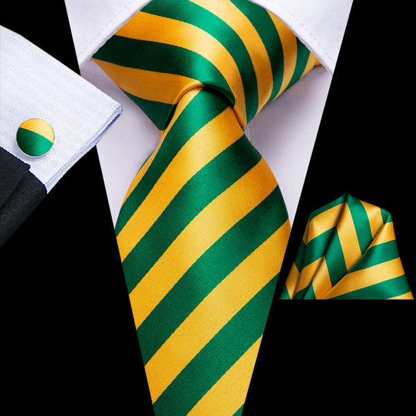 Yellow Green Striped Necktie Pocket Square Cufflinks Set