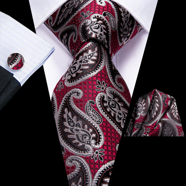 Red Brown Paisley Necktie Pocket Square Cufflinks Set