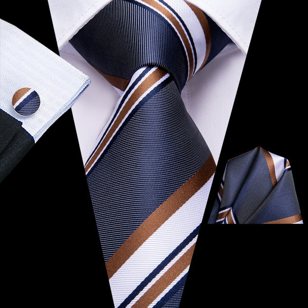 Blue Brown Striped Necktie Pocket Square Cufflinks Set