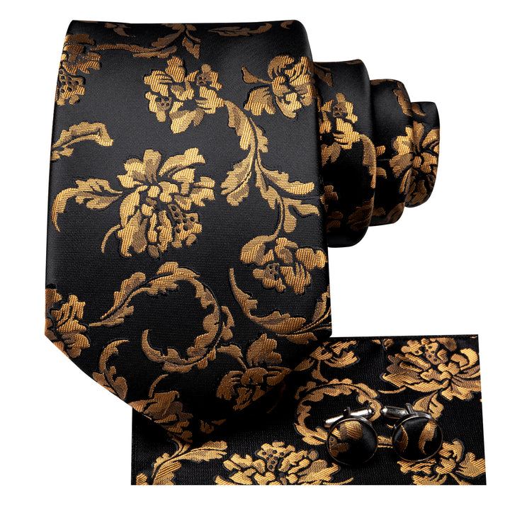 Black solid gold floral mens silk dress suit tie