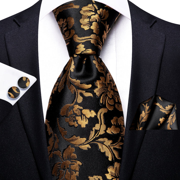 Black solid gold floral mens silk dress suit tie