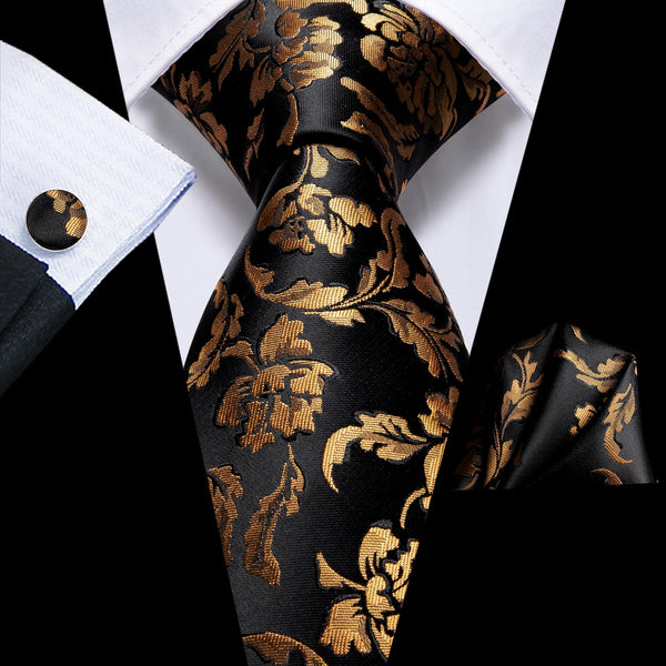 black gold floral mens silk tie for black suit and tie