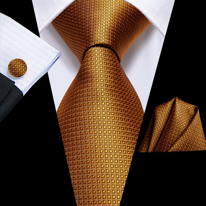 mens silk Golden Plaid Silk Necktie pocket handkerchief cufflinks set