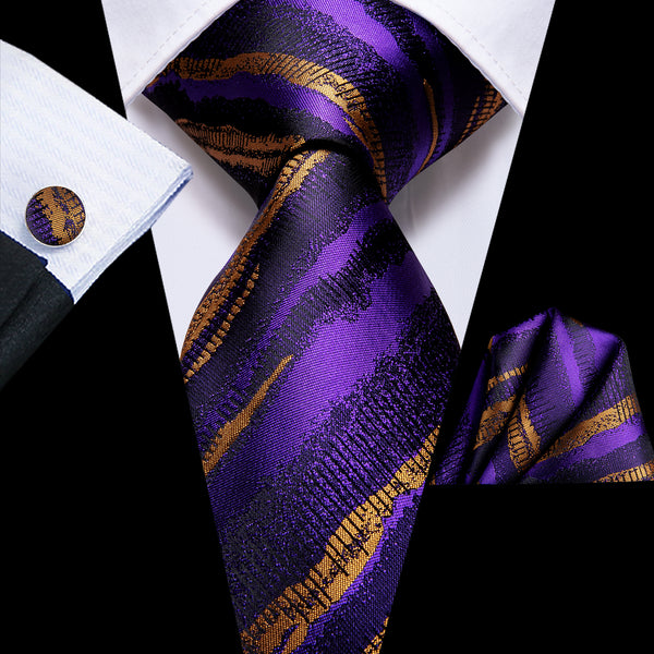 Purple Golden Striped Silk Necktie Pocket Square Cufflinks Set