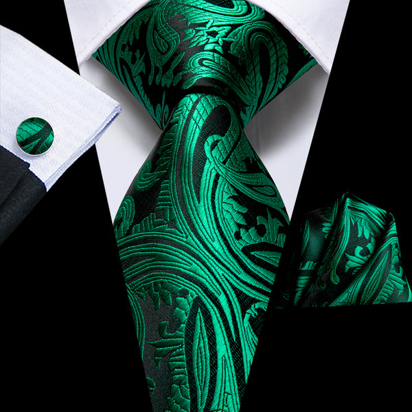 Green Blue Paisley Silk Necktie Pocket Square Cufflinks Set