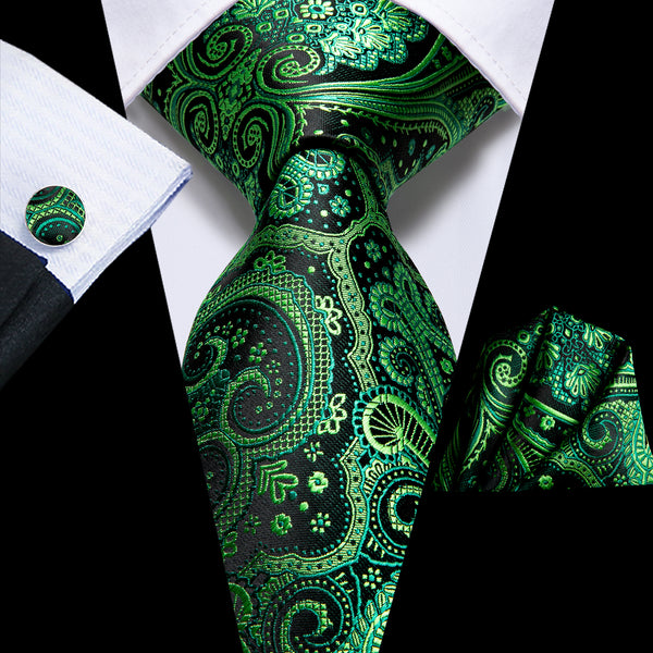 Black Green Paisley Silk Necktie Pocket Square Cufflinks Set
