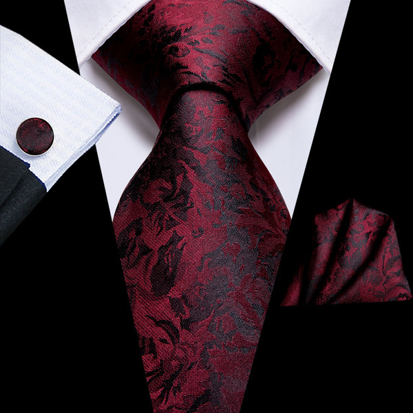 Red Black Floral Silk Necktie Pocket Square Cufflinks Set