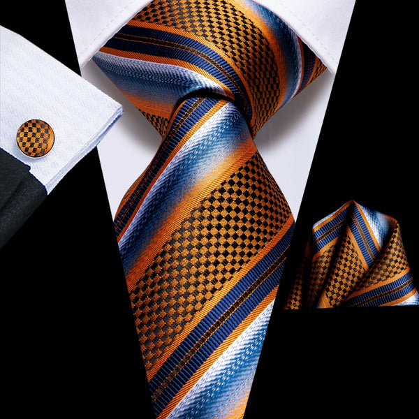 Yellow Blue Striped Silk Necktie Pocket Square Cufflinks Set