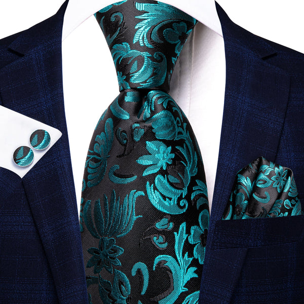 Black Blue Floral Tie Pocket Square Cufflinks Set