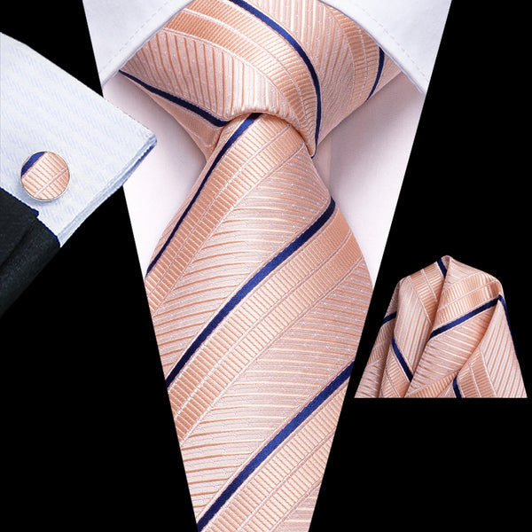Pink Blue Striped Men's Tie Handkerchief Cufflinks Set